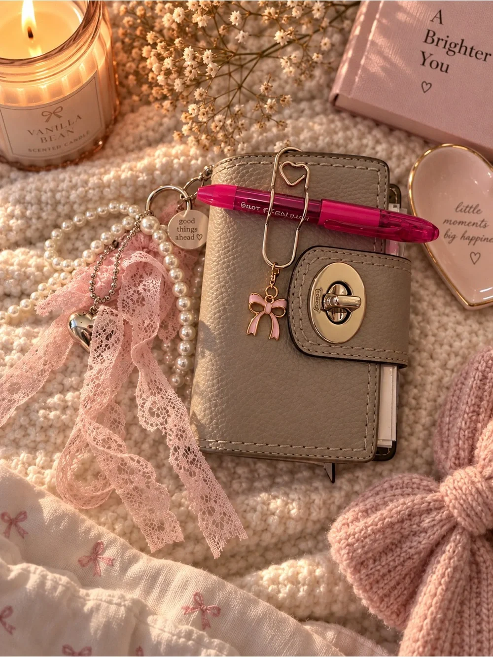 Coach Taupe Leather Card Holder with Pink Bow Charm and Hot Pink Pen